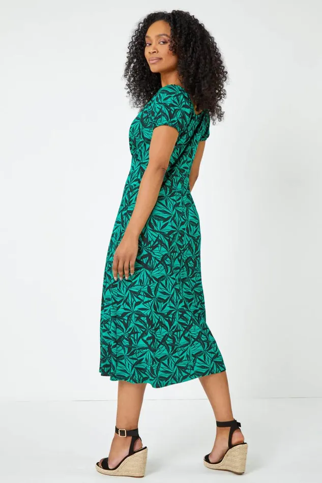 Green Petite Leaf Print Midi Stretch Dress Women Roman Dresses