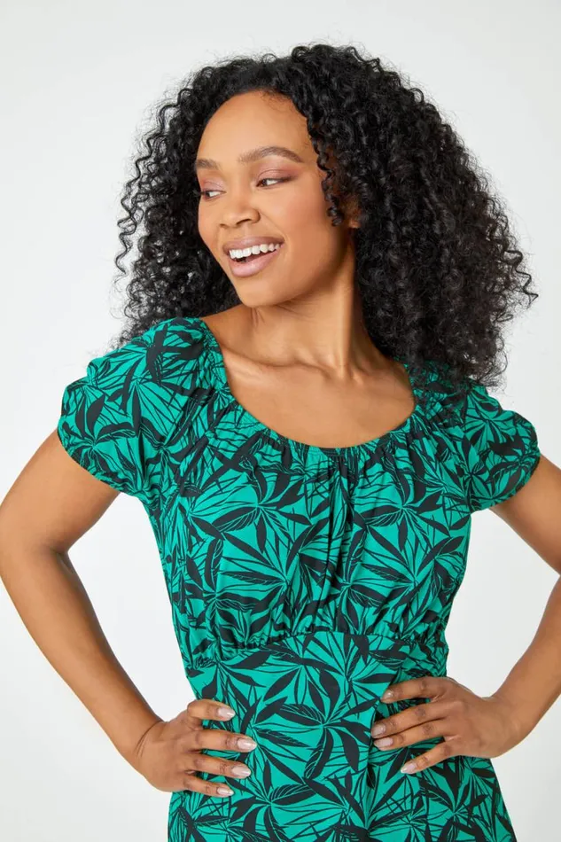Green Petite Leaf Print Midi Stretch Dress Women Roman Dresses