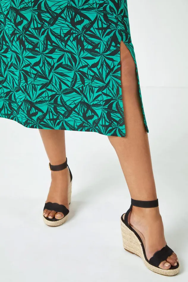 Green Petite Leaf Print Midi Stretch Dress Women Roman Dresses