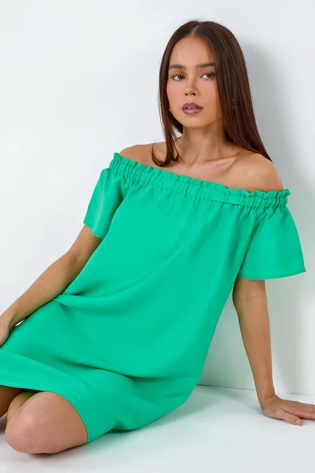 Green Petite Plain Stretch Neck Bardot Dress Women Roman Dresses
