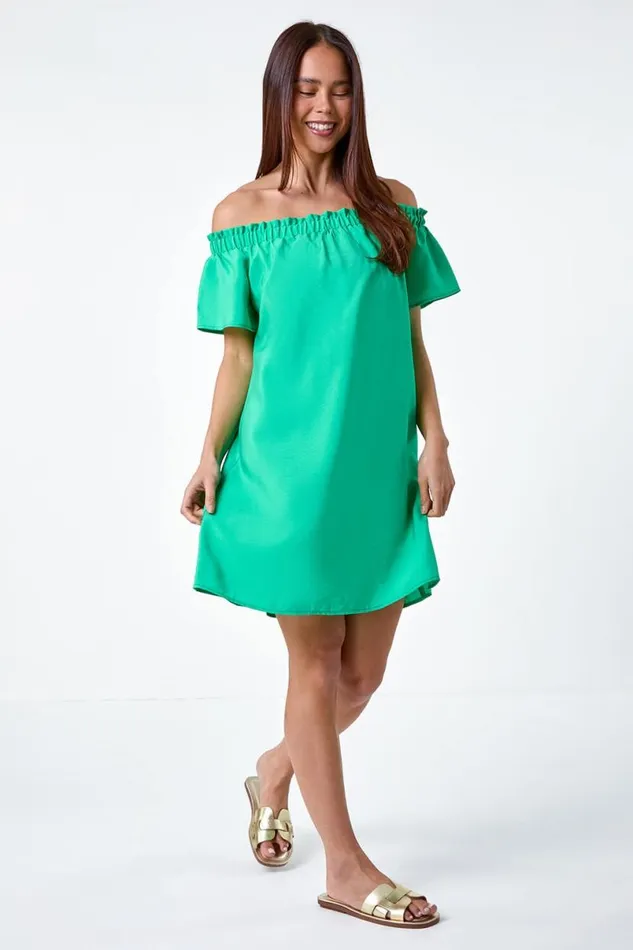 Green Petite Plain Stretch Neck Bardot Dress Women Roman Dresses
