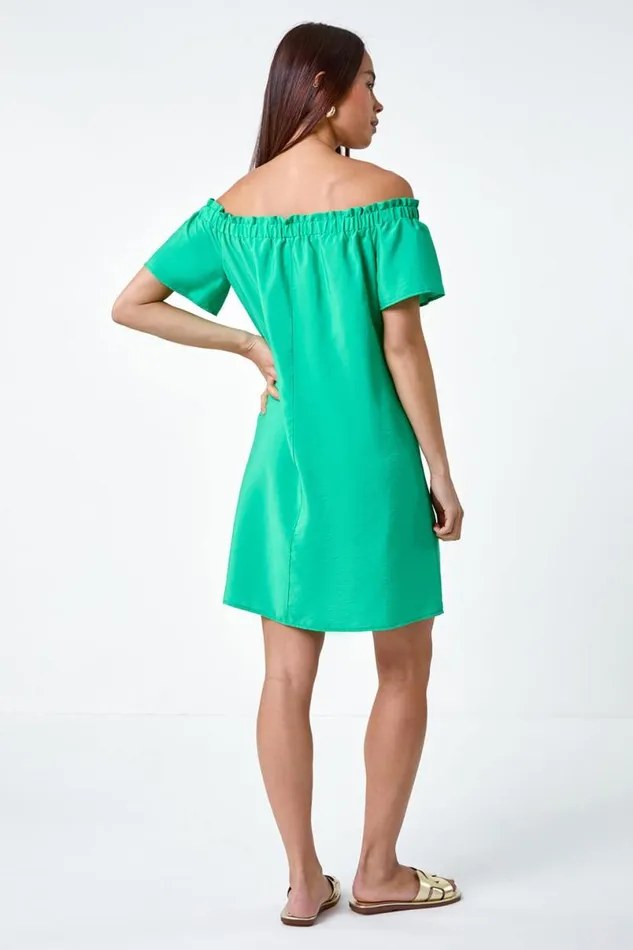 Green Petite Plain Stretch Neck Bardot Dress Women Roman Dresses