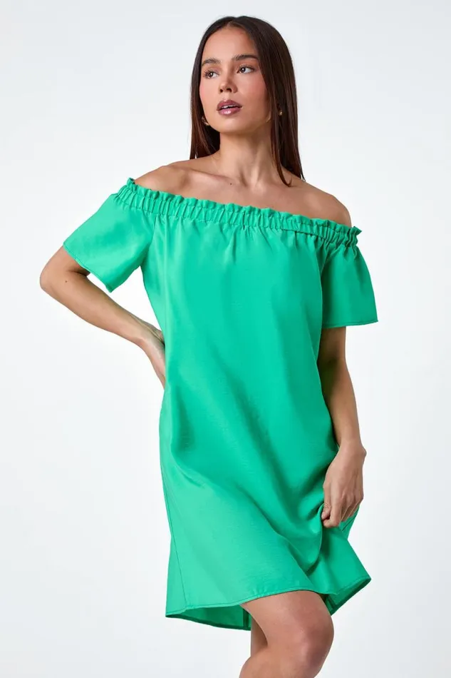 Green Petite Plain Stretch Neck Bardot Dress Women Roman Dresses