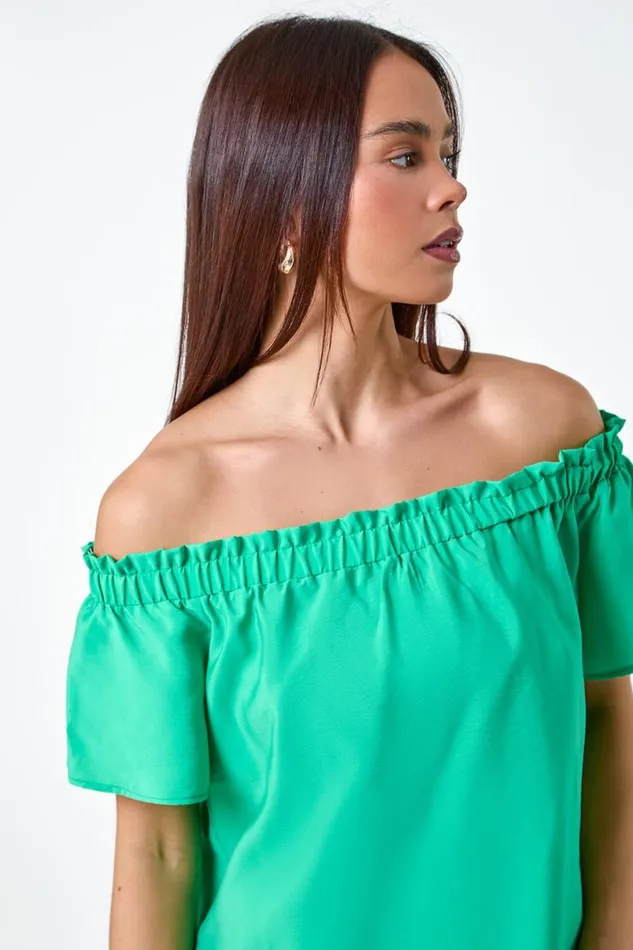 Green Petite Plain Stretch Neck Bardot Dress Women Roman Dresses