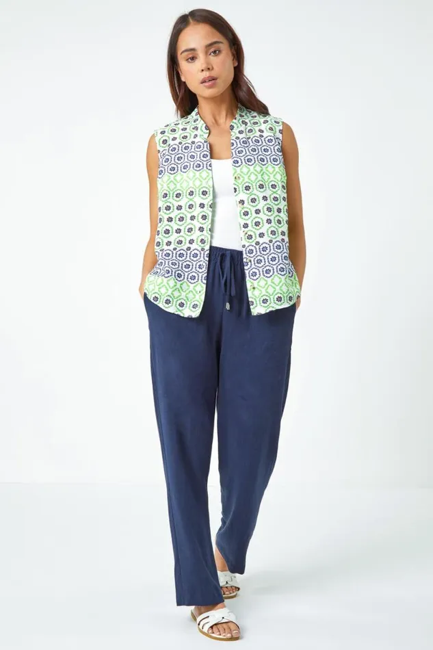 Green Petite Sleeveless Geometric VNeck Blouse Women Roman Tops