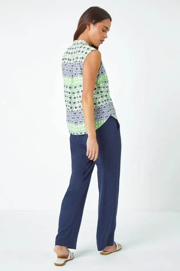 Green Petite Sleeveless Geometric VNeck Blouse Women Roman Tops