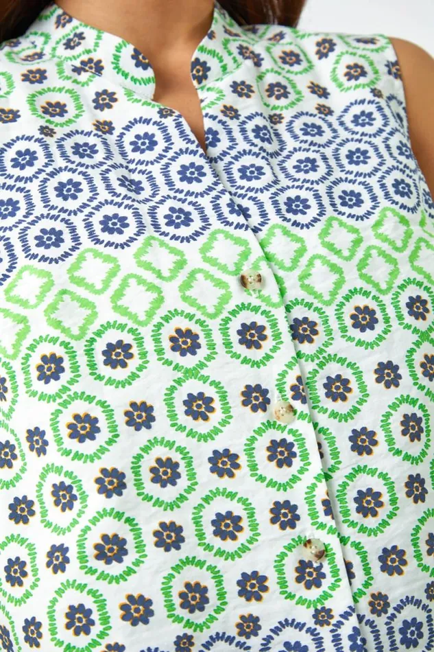 Green Petite Sleeveless Geometric VNeck Blouse Women Roman Tops
