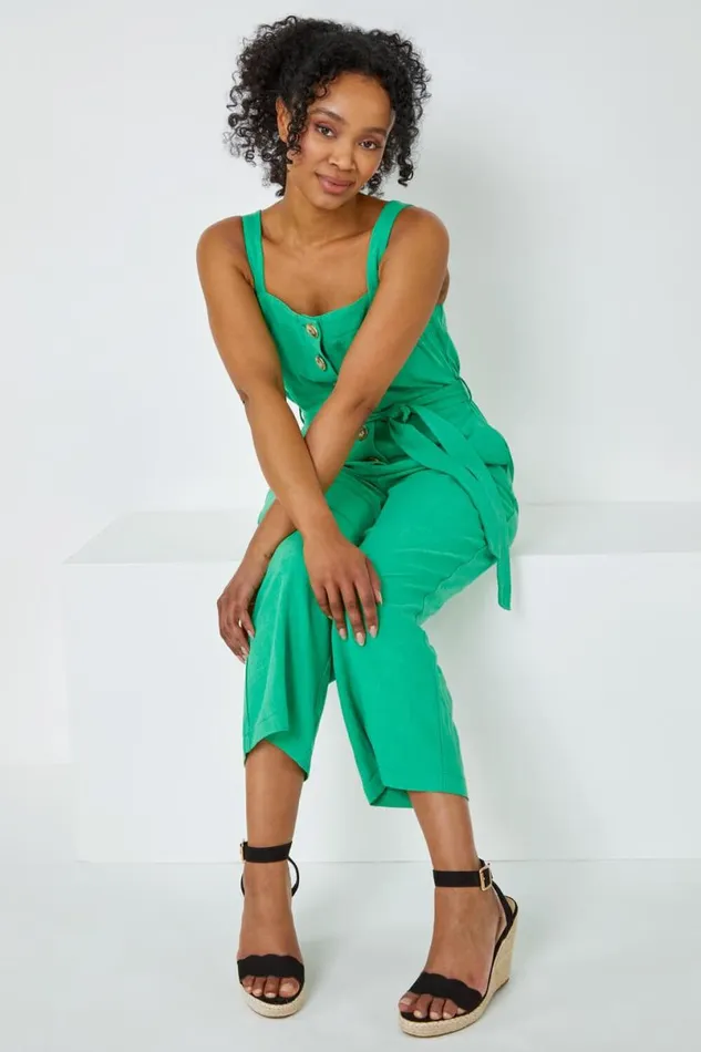 Green Petite Sleeveless Linen Blend Jumpsuit Women Roman Dresses