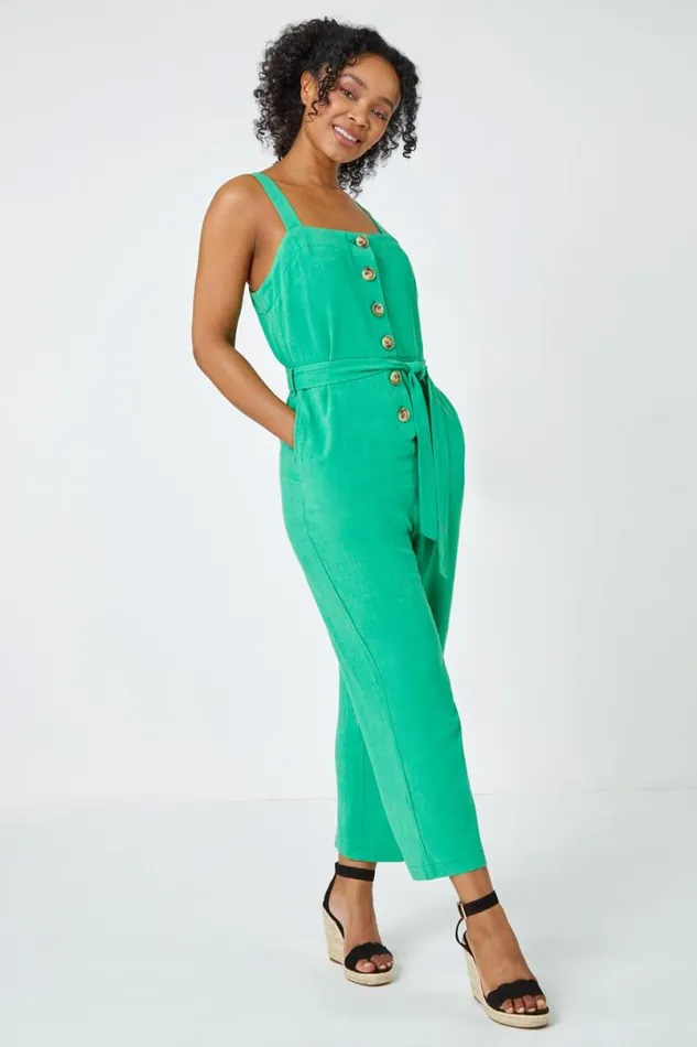Green Petite Sleeveless Linen Blend Jumpsuit Women Roman Dresses