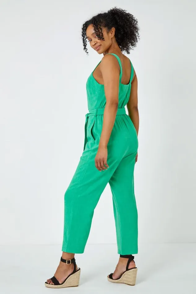 Green Petite Sleeveless Linen Blend Jumpsuit Women Roman Dresses