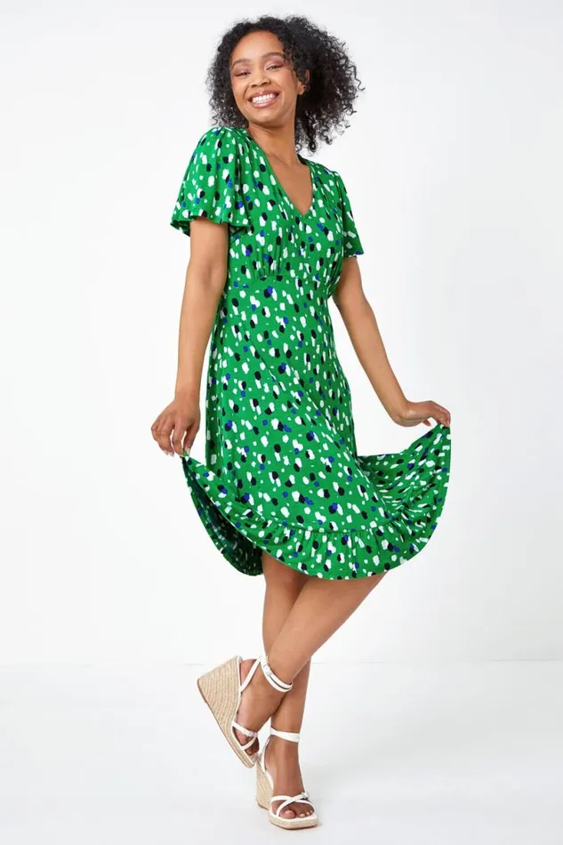Green Petite Spot Frill Hem Stretch Dress Women Roman Dresses