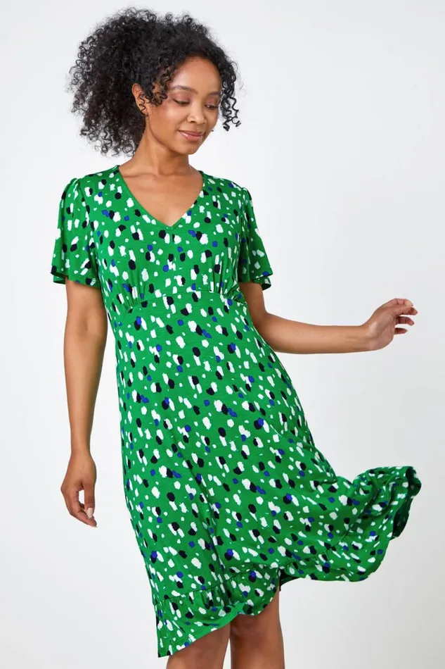 Green Petite Spot Frill Hem Stretch Dress Women Roman Dresses