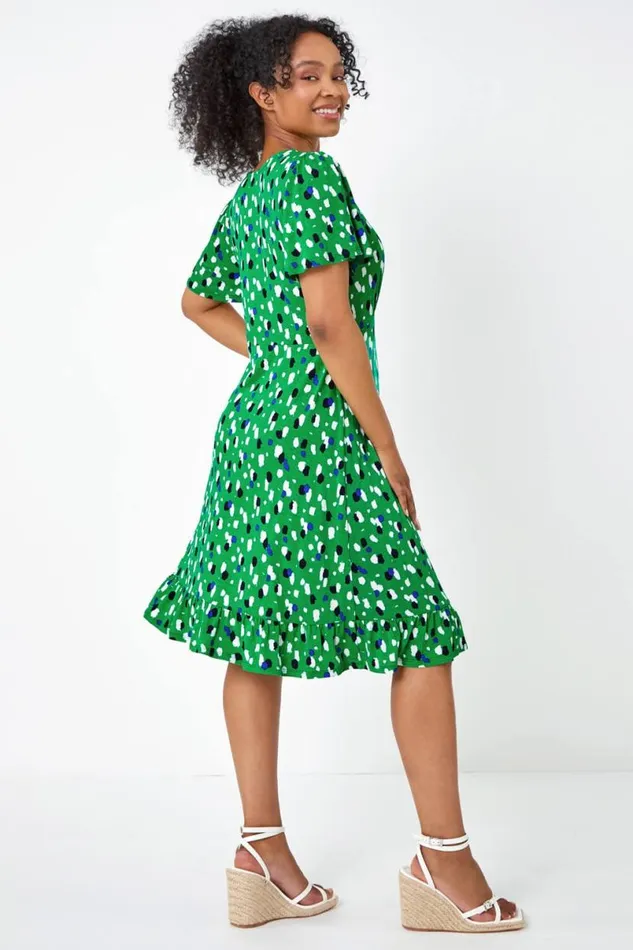 Green Petite Spot Frill Hem Stretch Dress Women Roman Dresses