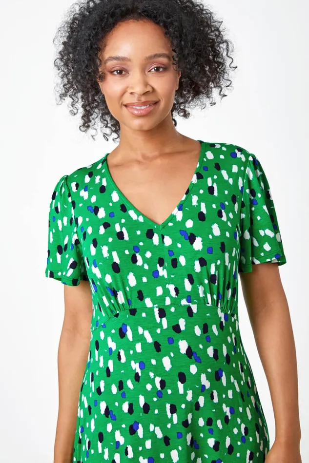 Green Petite Spot Frill Hem Stretch Dress Women Roman Dresses