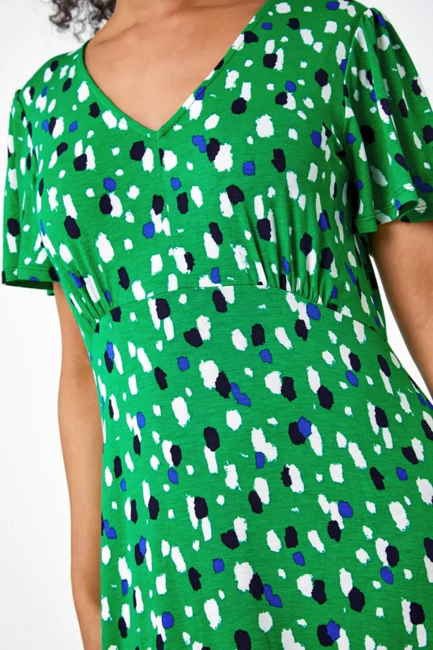 Green Petite Spot Frill Hem Stretch Dress Women Roman Dresses