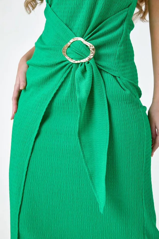 Green Petite Textured Buckle Wrap Dress Women Roman Dresses