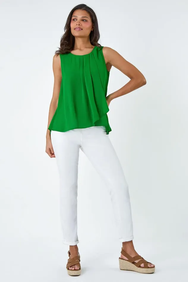 Green Pleat Detail Vest Top Women Roman Tops