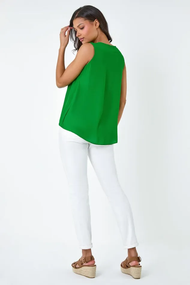 Green Pleat Detail Vest Top Women Roman Tops