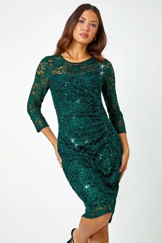 Green Sequin Lace Ruched Stretch Dress Women Roman Dresses
