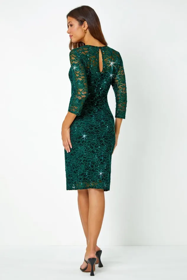 Green Sequin Lace Ruched Stretch Dress Women Roman Dresses