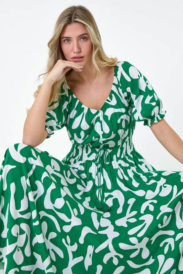 Green Shirred Waist Abstract Print Maxi Dress Women Roman Dresses