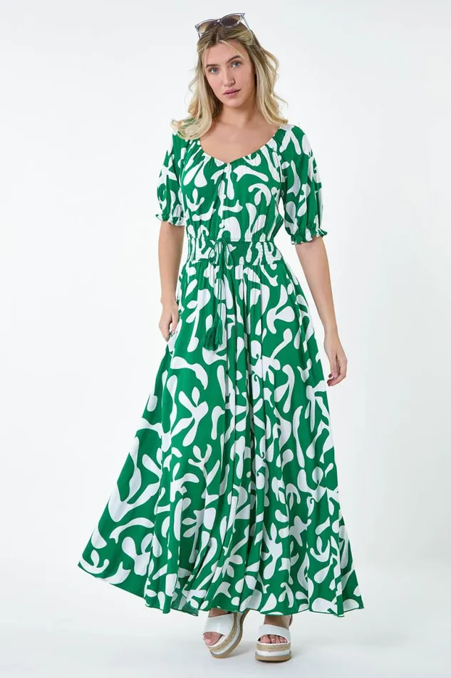 Green Shirred Waist Abstract Print Maxi Dress Women Roman Dresses
