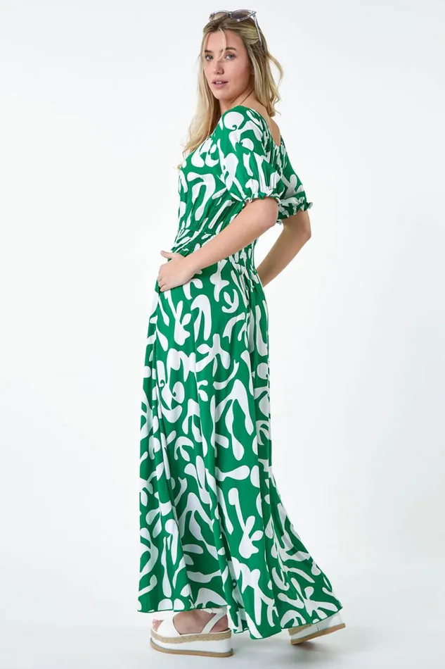 Green Shirred Waist Abstract Print Maxi Dress Women Roman Dresses