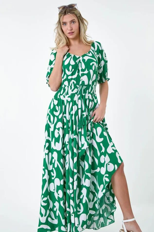 Green Shirred Waist Abstract Print Maxi Dress Women Roman Dresses