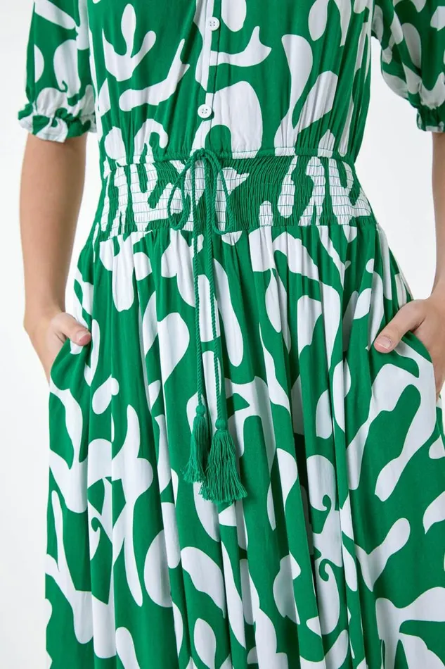 Green Shirred Waist Abstract Print Maxi Dress Women Roman Dresses
