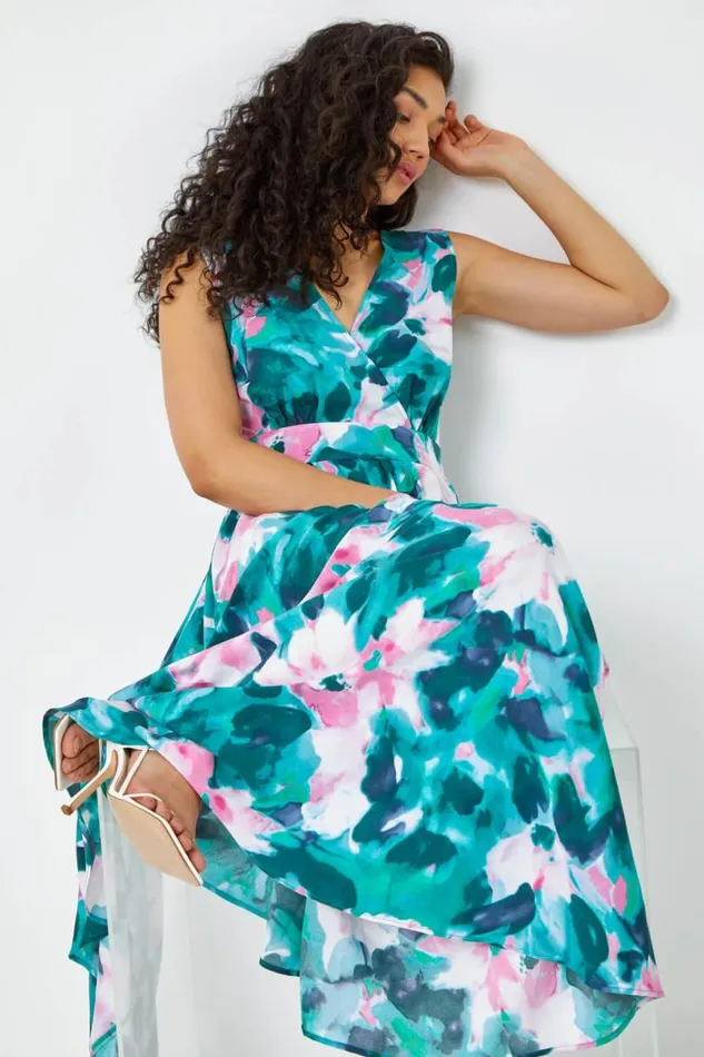 Green Sleeveless Floral Print Maxi Dress Women Roman Dresses
