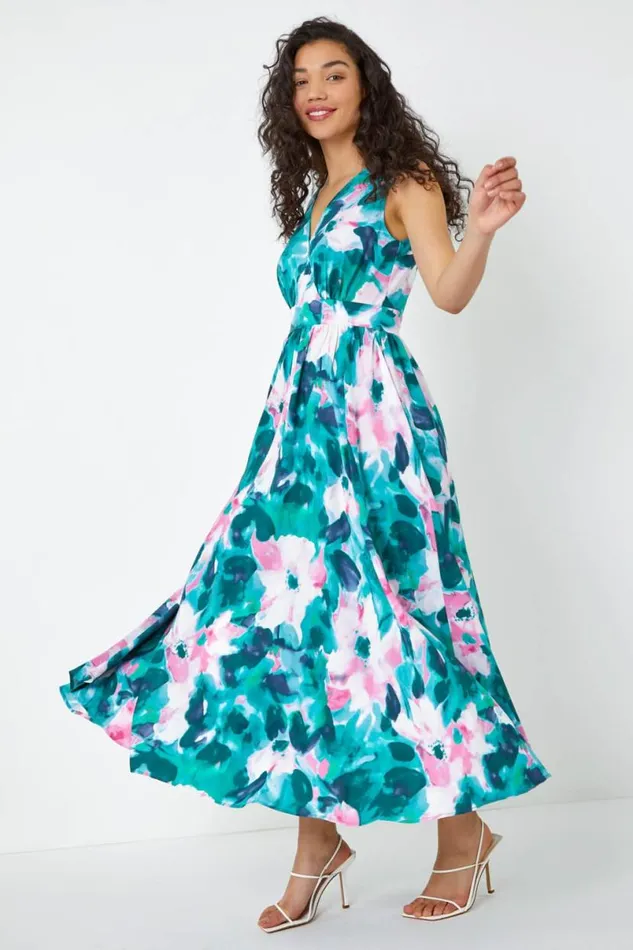 Green Sleeveless Floral Print Maxi Dress Women Roman Dresses