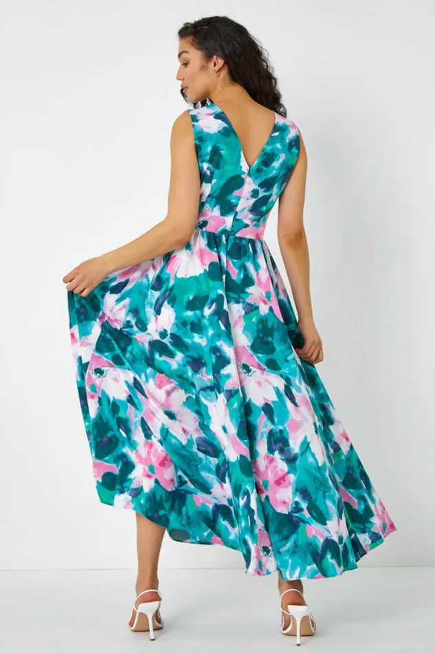 Green Sleeveless Floral Print Maxi Dress Women Roman Dresses