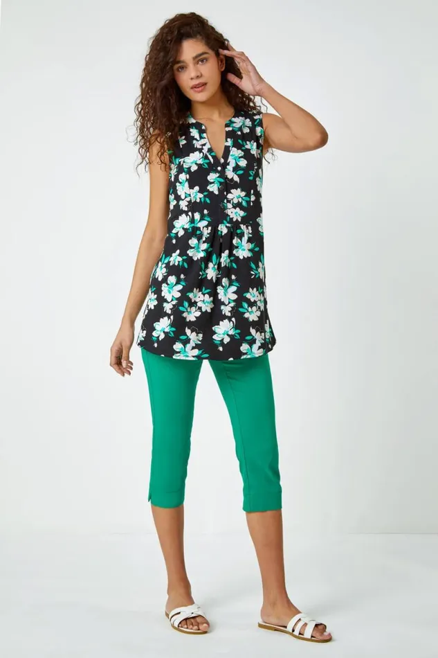 Green Sleeveless VNeck Floral Print Smock Top Women Roman Tops