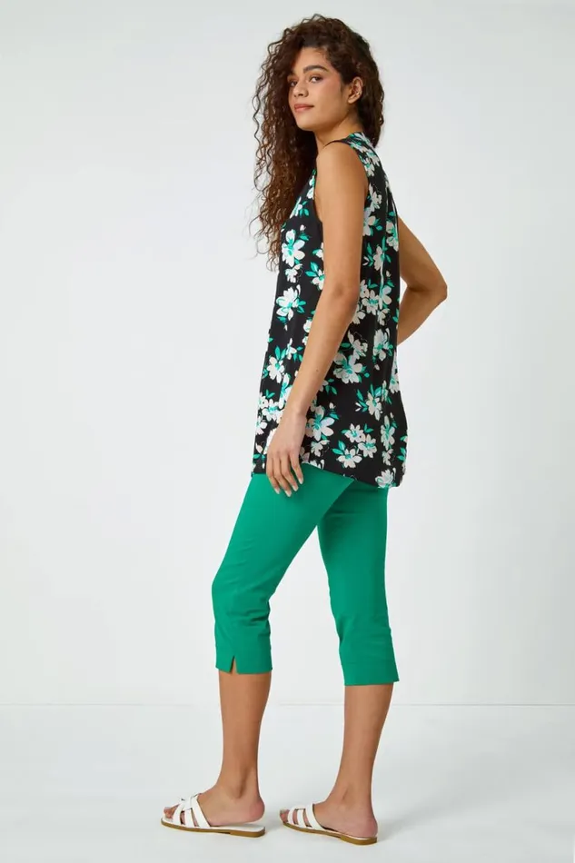 Green Sleeveless VNeck Floral Print Smock Top Women Roman Tops