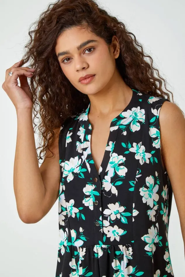 Green Sleeveless VNeck Floral Print Smock Top Women Roman Tops