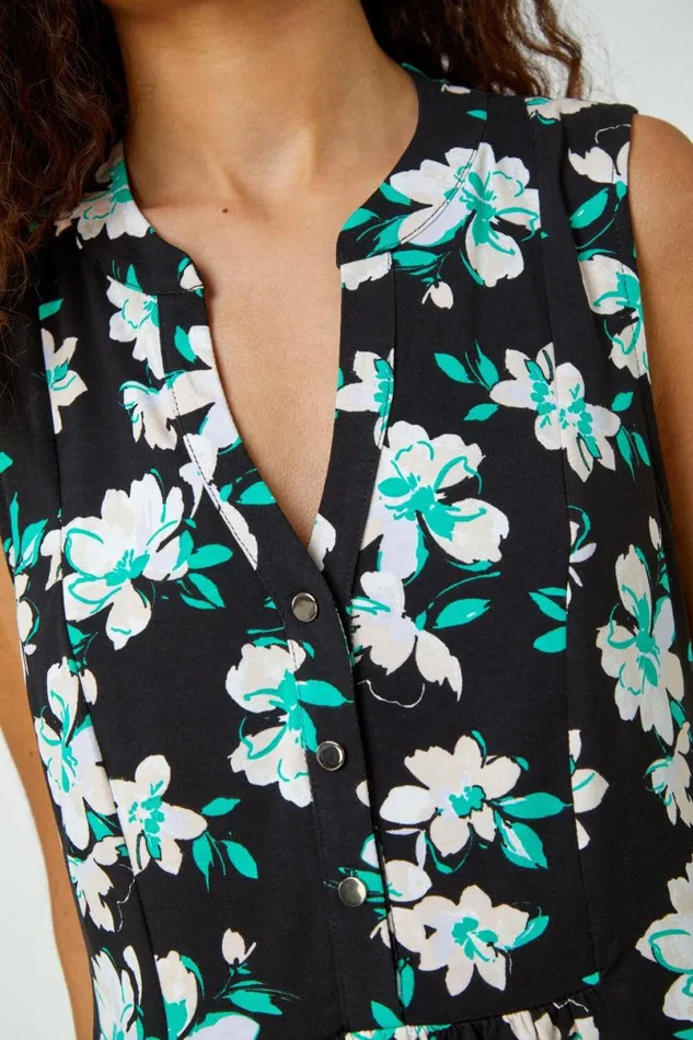 Green Sleeveless VNeck Floral Print Smock Top Women Roman Tops
