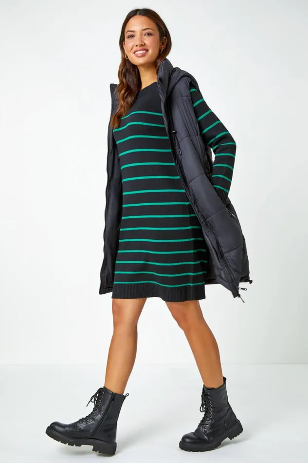 Green Stripe Print Knitted Jumper Dress Women Roman Dresses