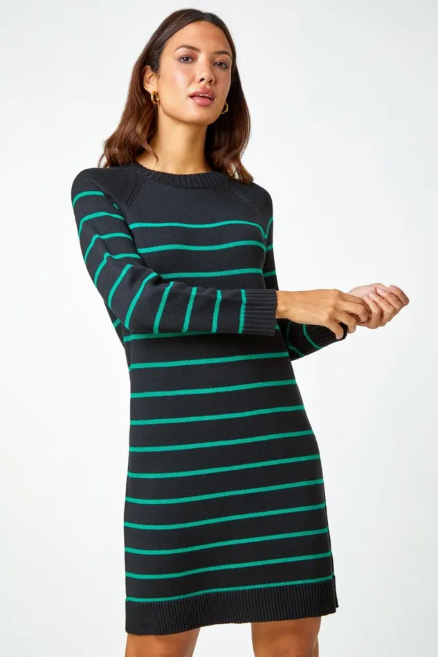 Green Stripe Print Knitted Jumper Dress Women Roman Dresses