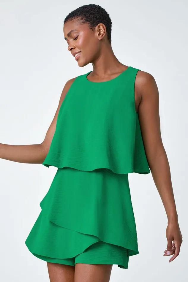 Green Textured Plain Tiered Playsuit Women Roman Dresses