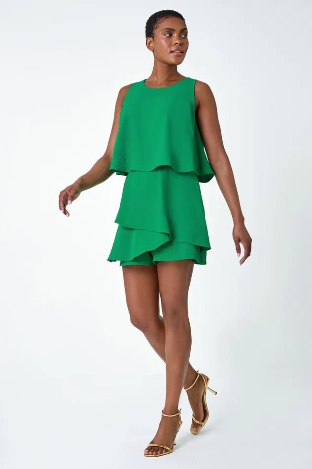 Green Textured Plain Tiered Playsuit Women Roman Dresses