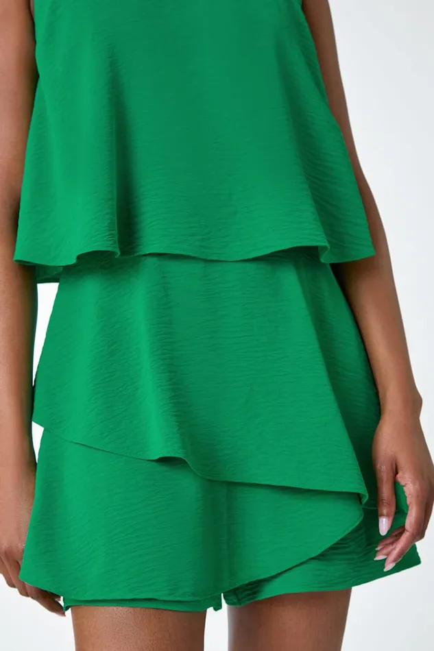 Green Textured Plain Tiered Playsuit Women Roman Dresses