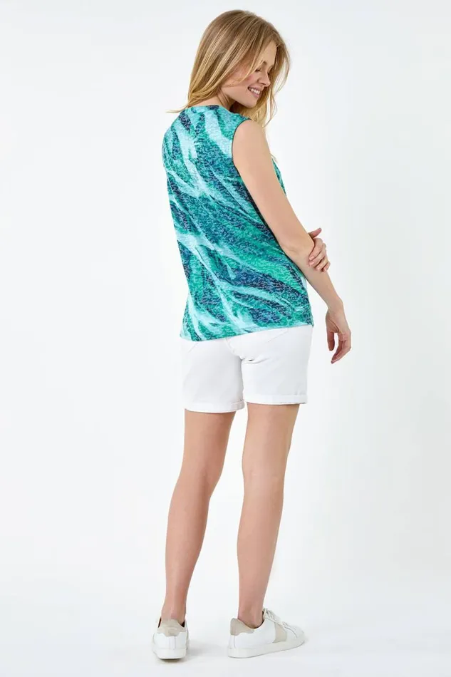 Green Wave Burnout Print VNeck Stretch Tie Top Women Roman Tops