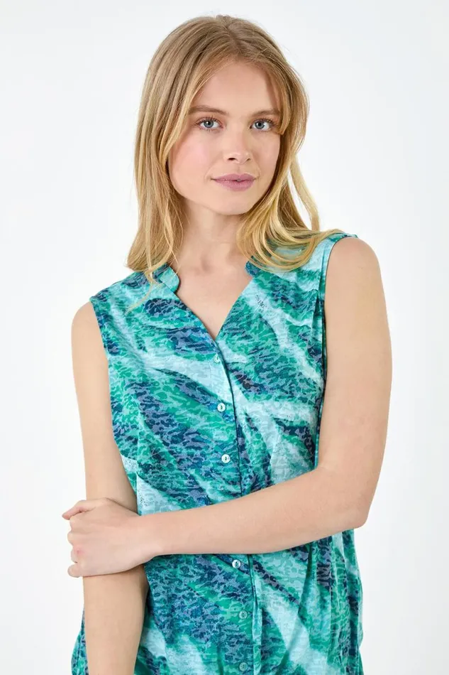 Green Wave Burnout Print VNeck Stretch Tie Top Women Roman Tops