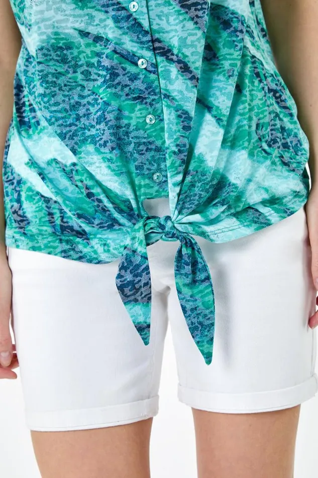 Green Wave Burnout Print VNeck Stretch Tie Top Women Roman Tops
