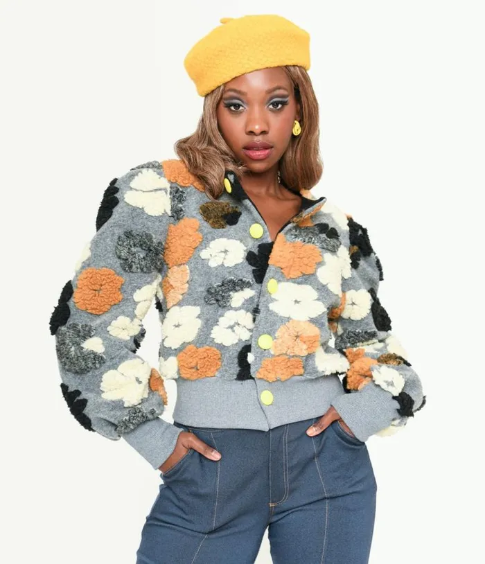 Grey and Multicolor Fluffy Floral Jacket Clothing Unique Vintage Coats and Jackets