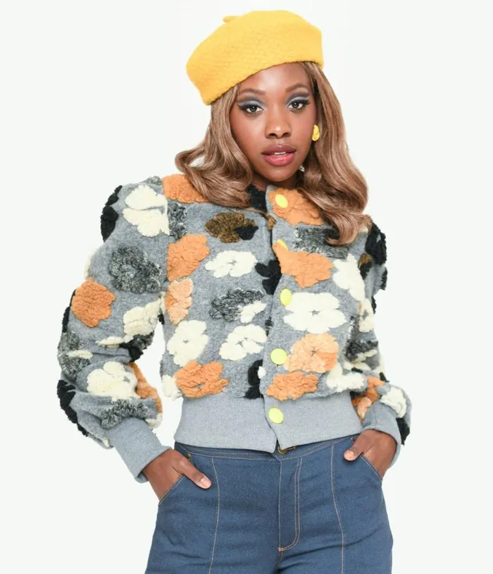 Grey and Multicolor Fluffy Floral Jacket Clothing Unique Vintage Coats and Jackets