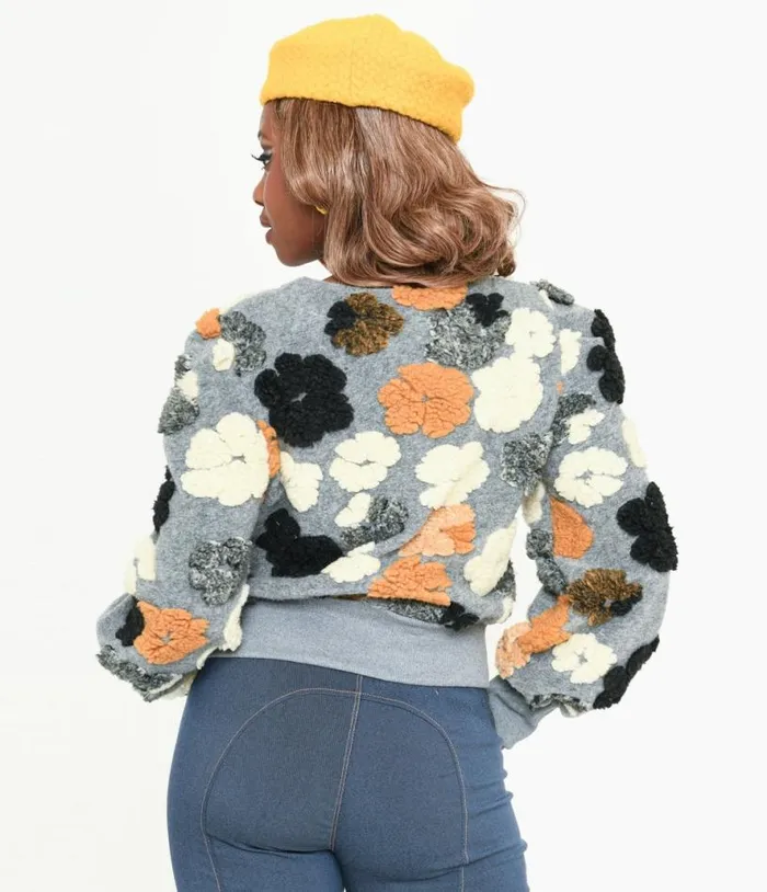 Grey and Multicolor Fluffy Floral Jacket Clothing Unique Vintage Coats and Jackets