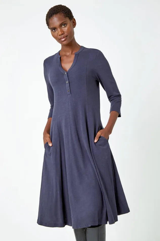 Grey Button Detail Cotton Dress Women Roman Dresses