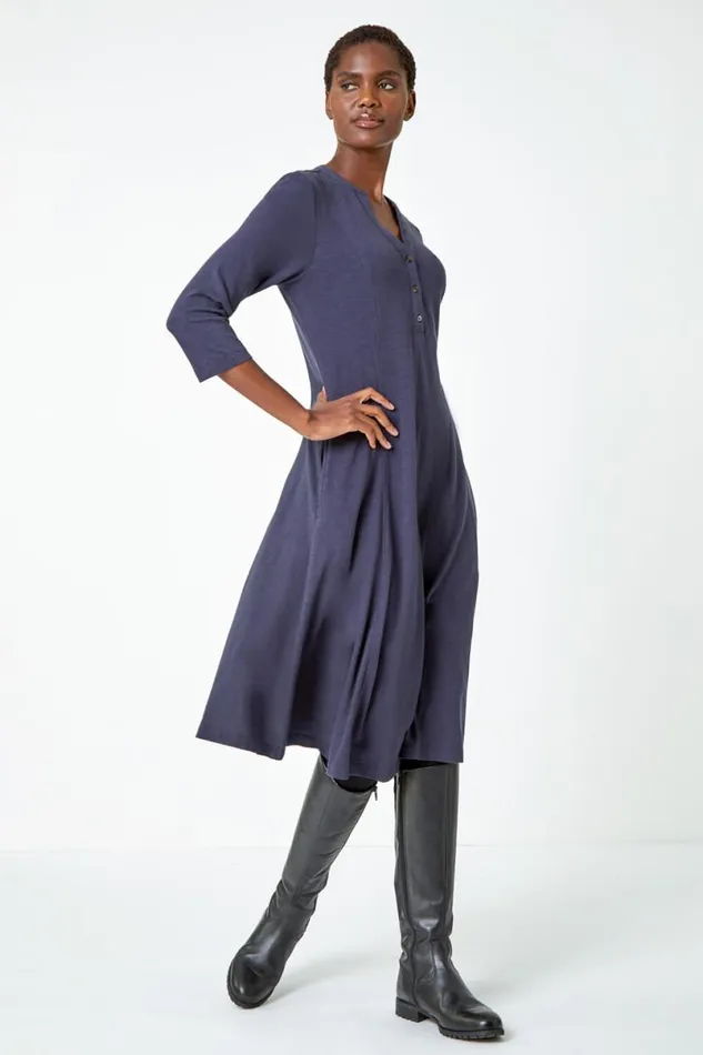 Grey Button Detail Cotton Dress Women Roman Dresses