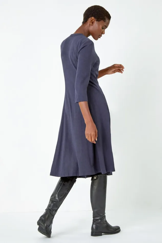 Grey Button Detail Cotton Dress Women Roman Dresses